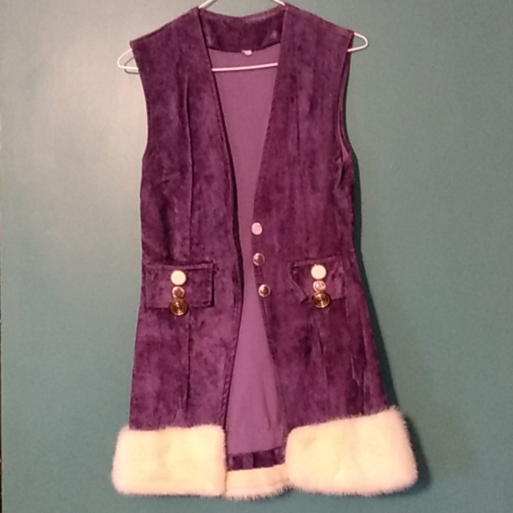 Vintage genuine fur trimmed purple velvet vest
